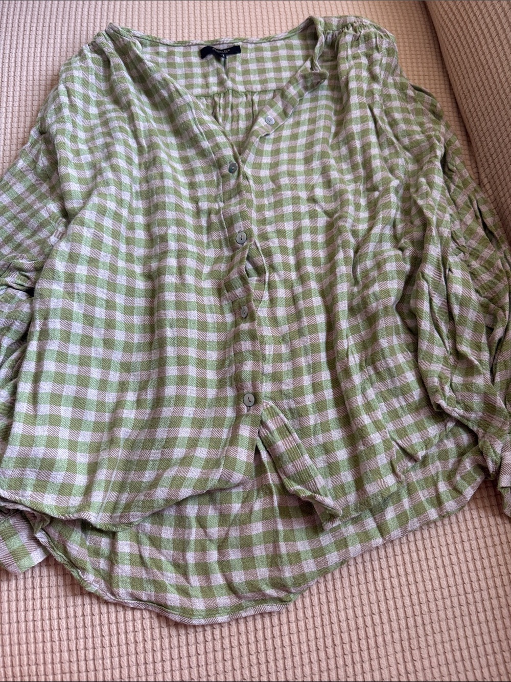 Massimo Dutti Women’s Green and White Gingham Button-Up Top